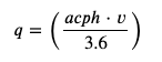 Mathematical formula depicting q as a function of acph and v, divided by 3.6.