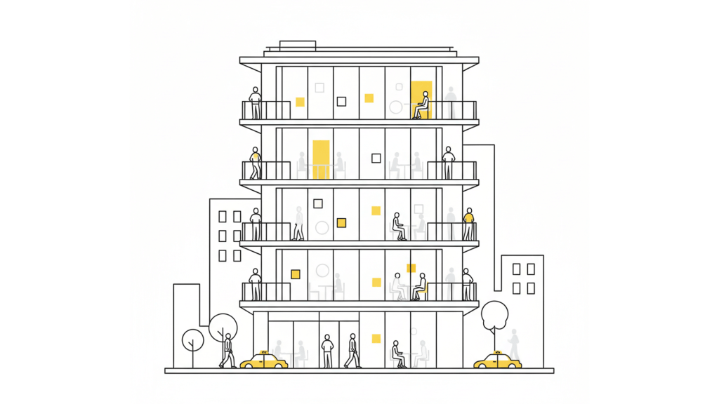 Illustration of a multi-storey building with people on balconies and inside, showcasing various activities and interactions.