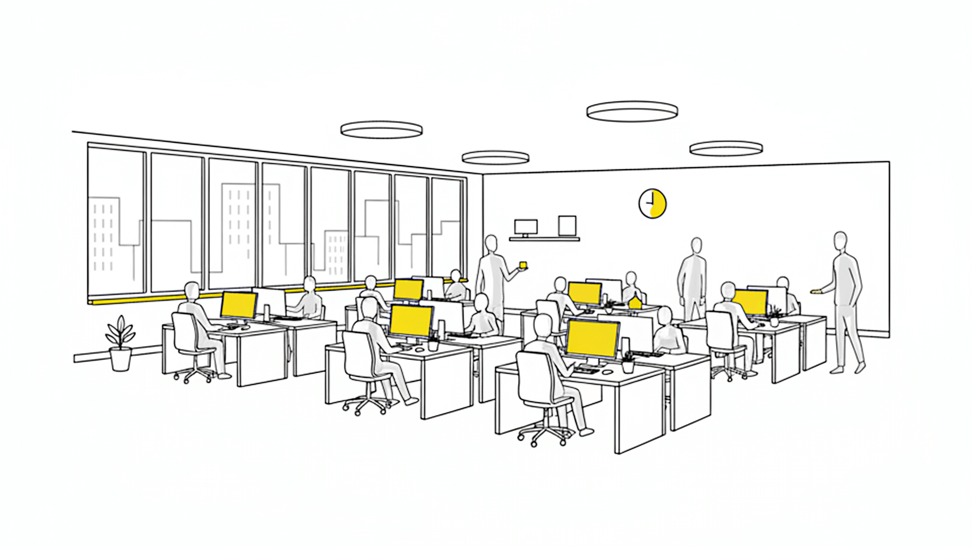 An illustration of a modern office space with multiple desks and employees working at computers. The room has large windows showing a cityscape, a wall clock, and a few plants.