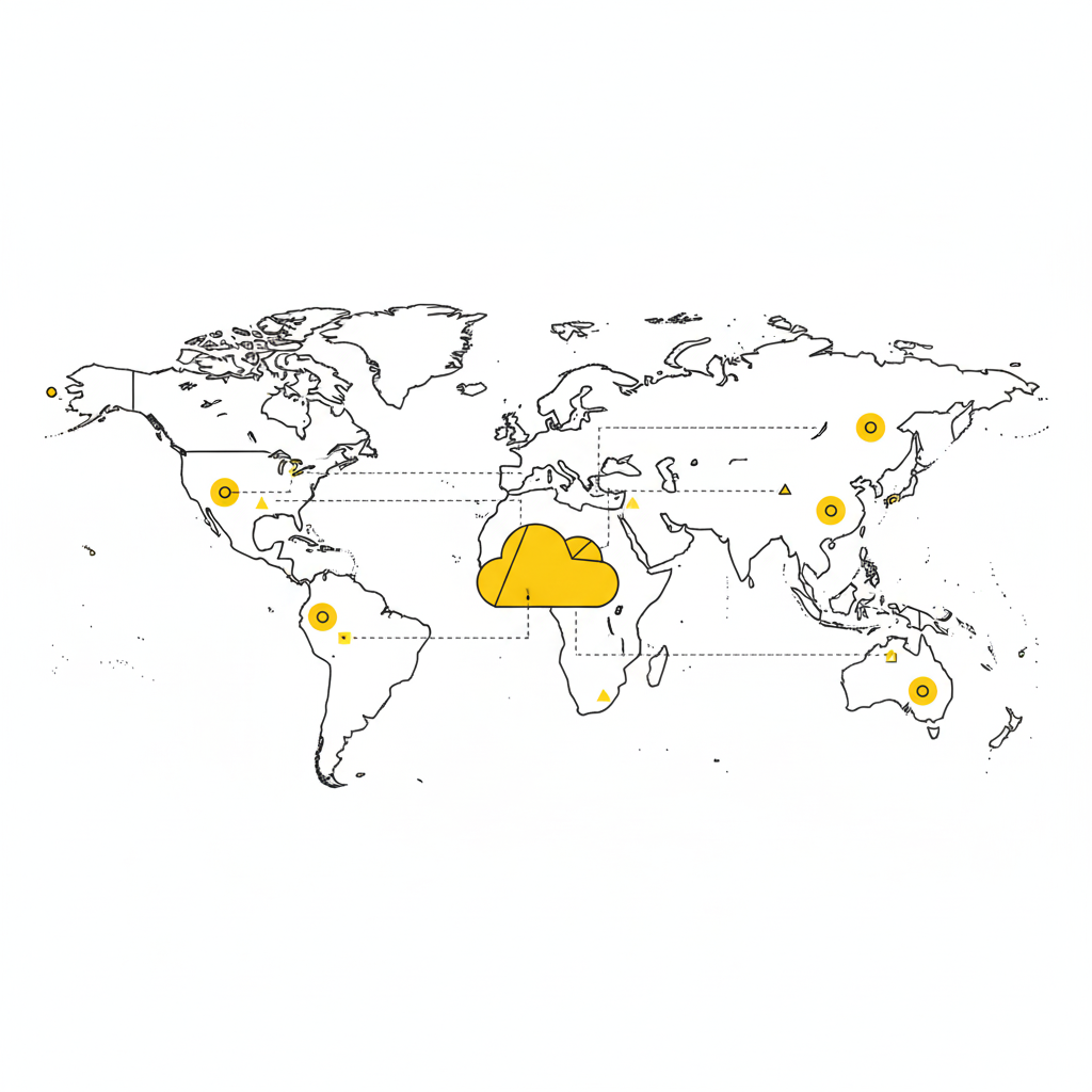 A world map featuring outlined continents with various yellow markers and a large yellow cloud shape in Africa, indicating data centres or cloud services.