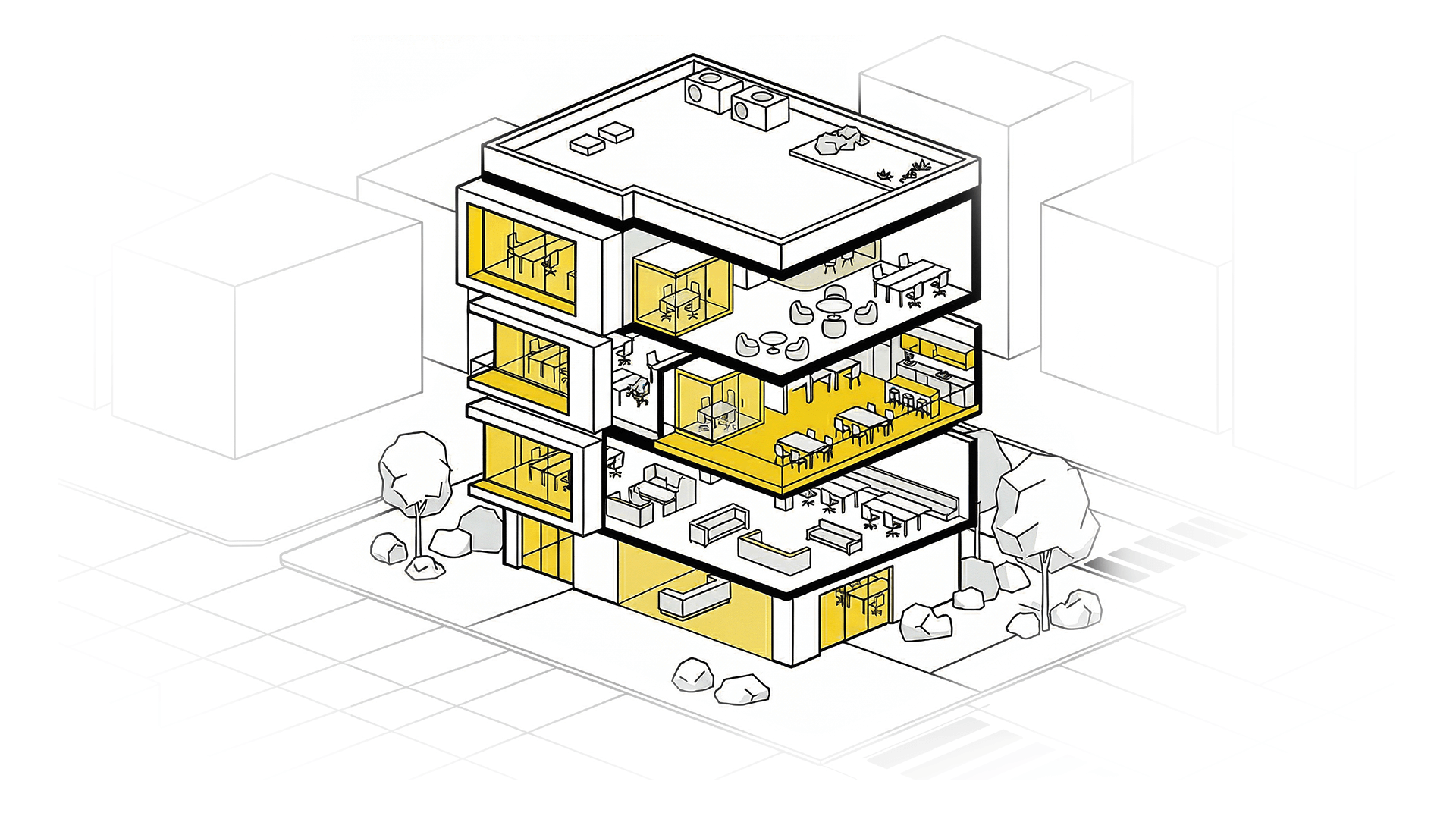 An isometric illustration of a modern multi-storey building with a transparent design, showcasing various interior spaces filled with furniture and decor. The building features open areas for socialising, workstations, and communal spaces, highlighted in yellow against a monochrome background.