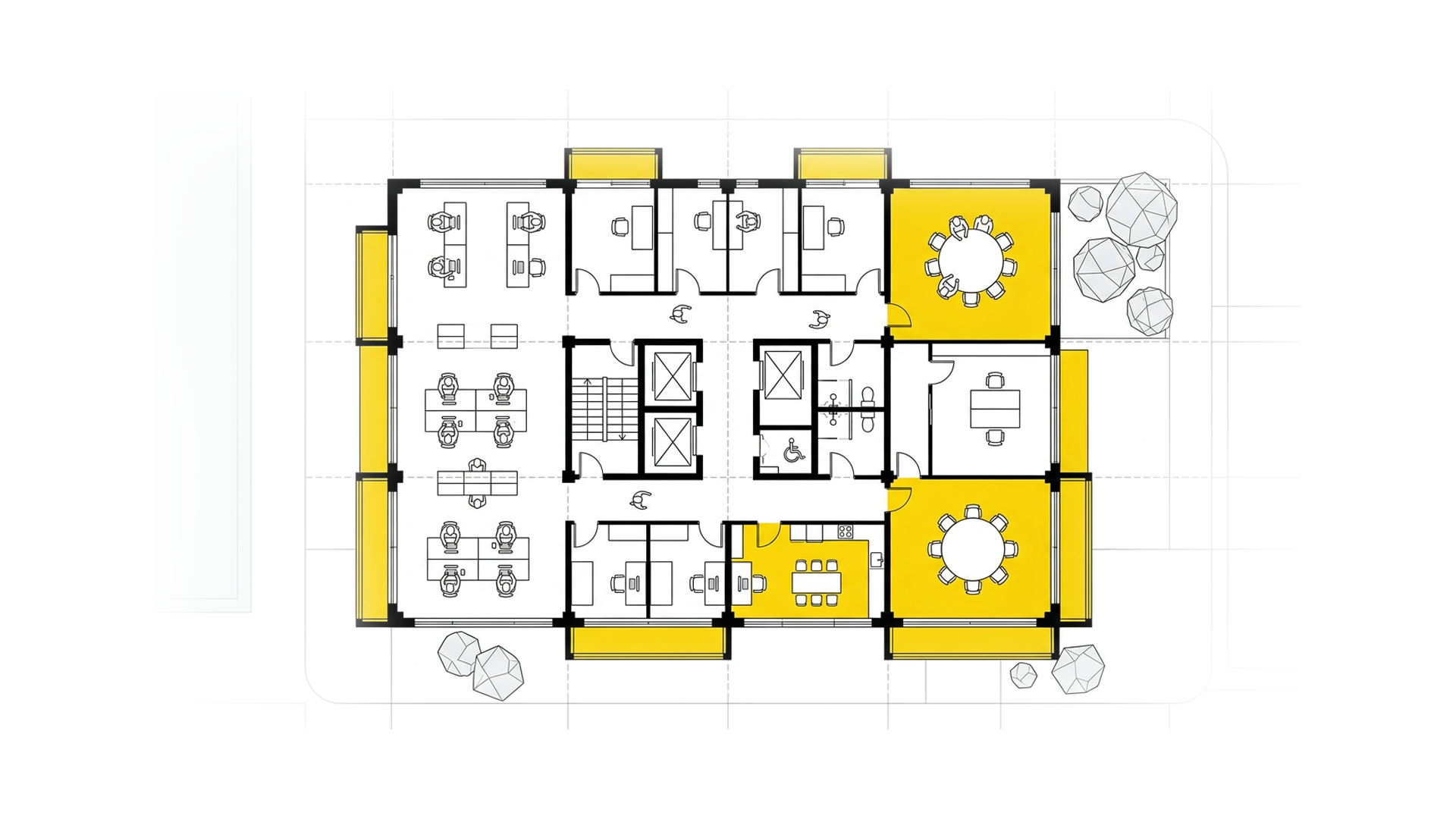 A floor plan of an office layout featuring multiple meeting rooms, collaborative spaces, and a central kitchen area, with highlighted sections in yellow.